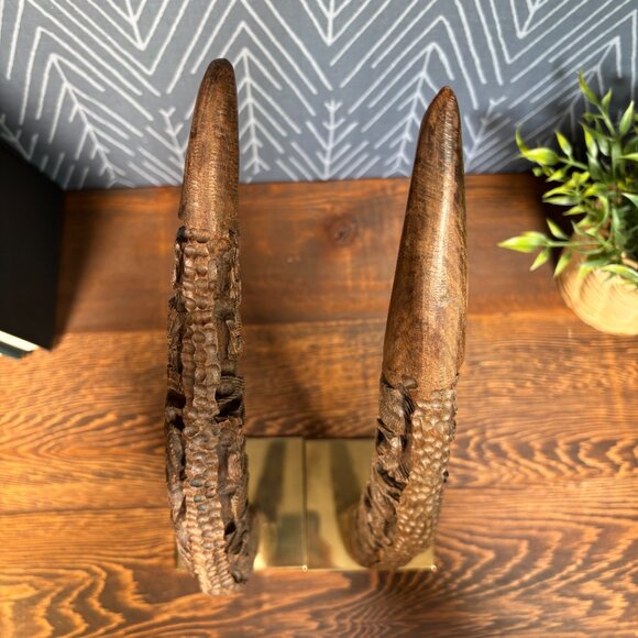 Vintage Hand Carved Wood Elephant Tusk Bookends or Sculptures on Brass Bases - Picture 8 of 17